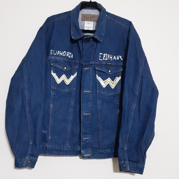 Vintage wrangler Blue Denim Jacket custom painted Y2K thick street wear XXL/TTG - Picture 8 of 8